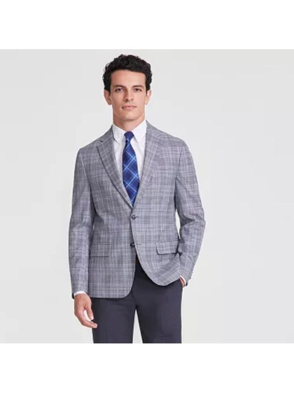 Tommy‎ Hilfiger Sport Coat Blazer Suit Jacket Light Grey Blue Plaid Stretch